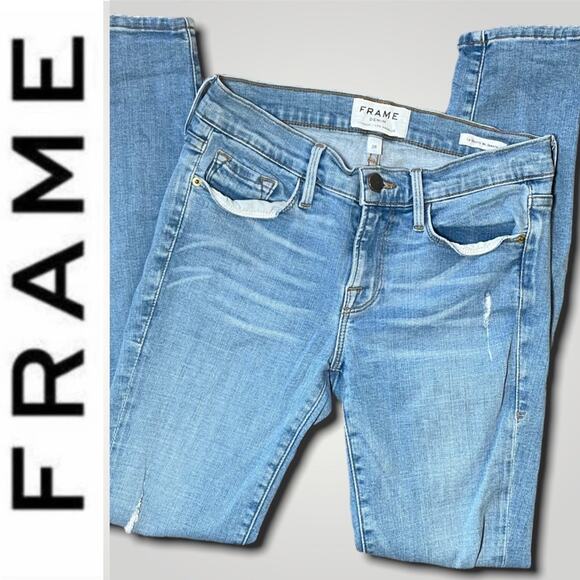 FRAME LE SKINNY DE JEANNE LIGHT WASH BOHO WESTERN DISTRESSED DENIM BLUE JEANS 26 - Picture 4 of 10